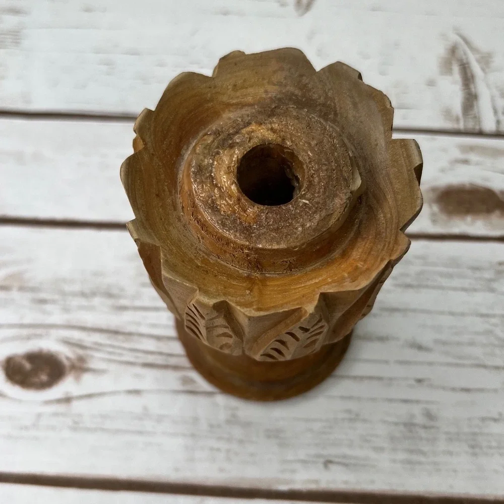 Boho Wood Candlestick Holder Brown Hand Carved Leaf Motif 6in